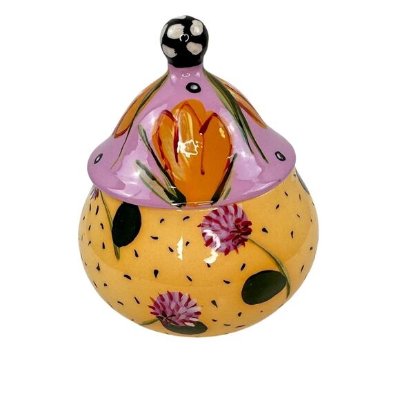 Droll Designs Multi Lidded Sugar Bowl Floral Ceramic Round Hand Painted RARE - Picture 1 of 4